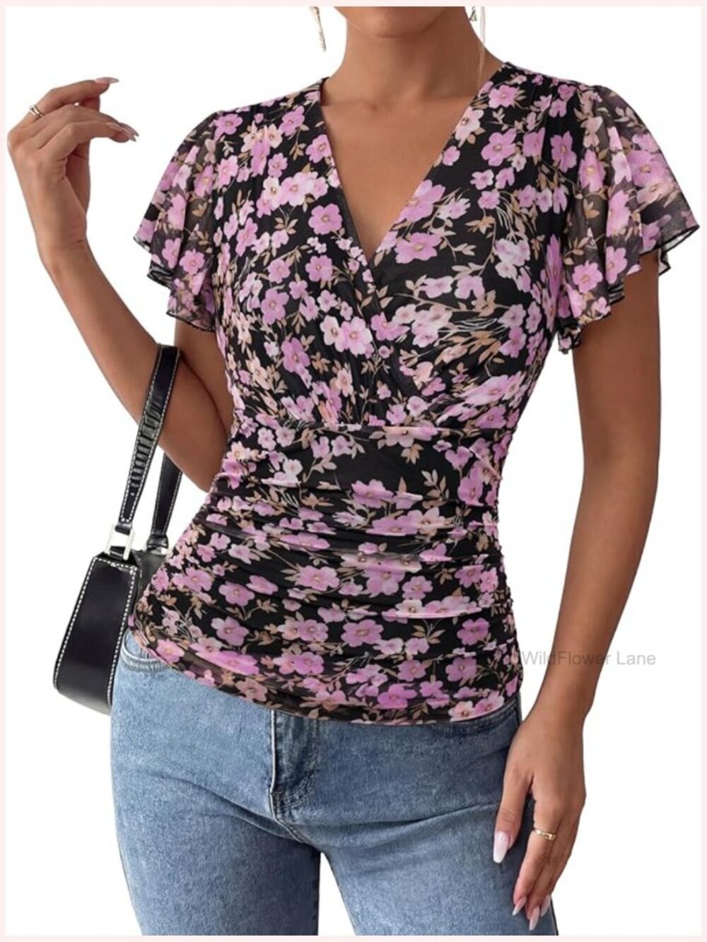Women's Floral Wrap Blouse Ruffle Sleeve Dressy Casual Top